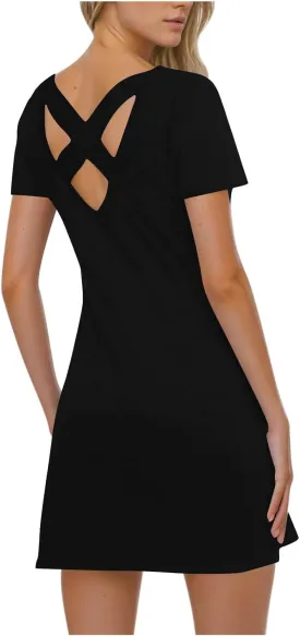 2025 Women Casual Striped Criss Cross Short Sleeve T Shirt Dress Summer Elegant Solid Mini Dresses Vacation Sundress