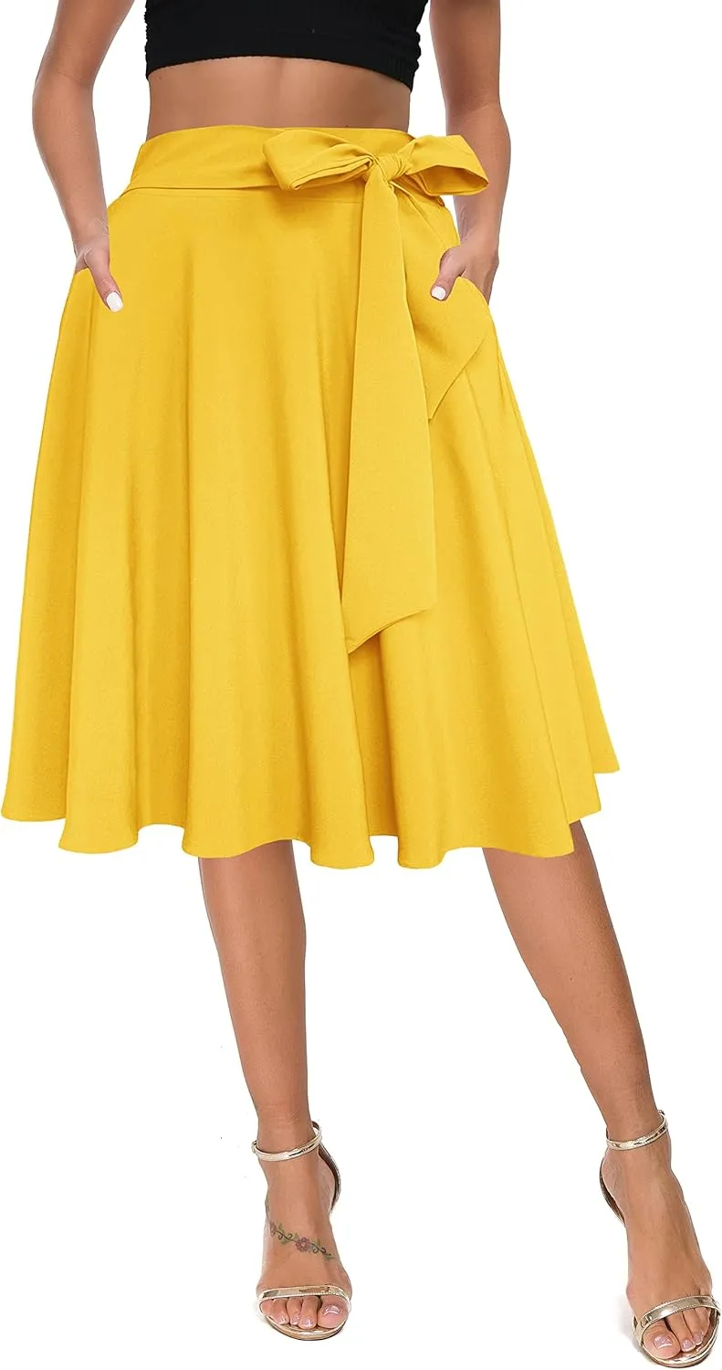 Afibi Womens Vintage High Waist A-Line Skater Skirt Flared Midi Skirt with Pockets