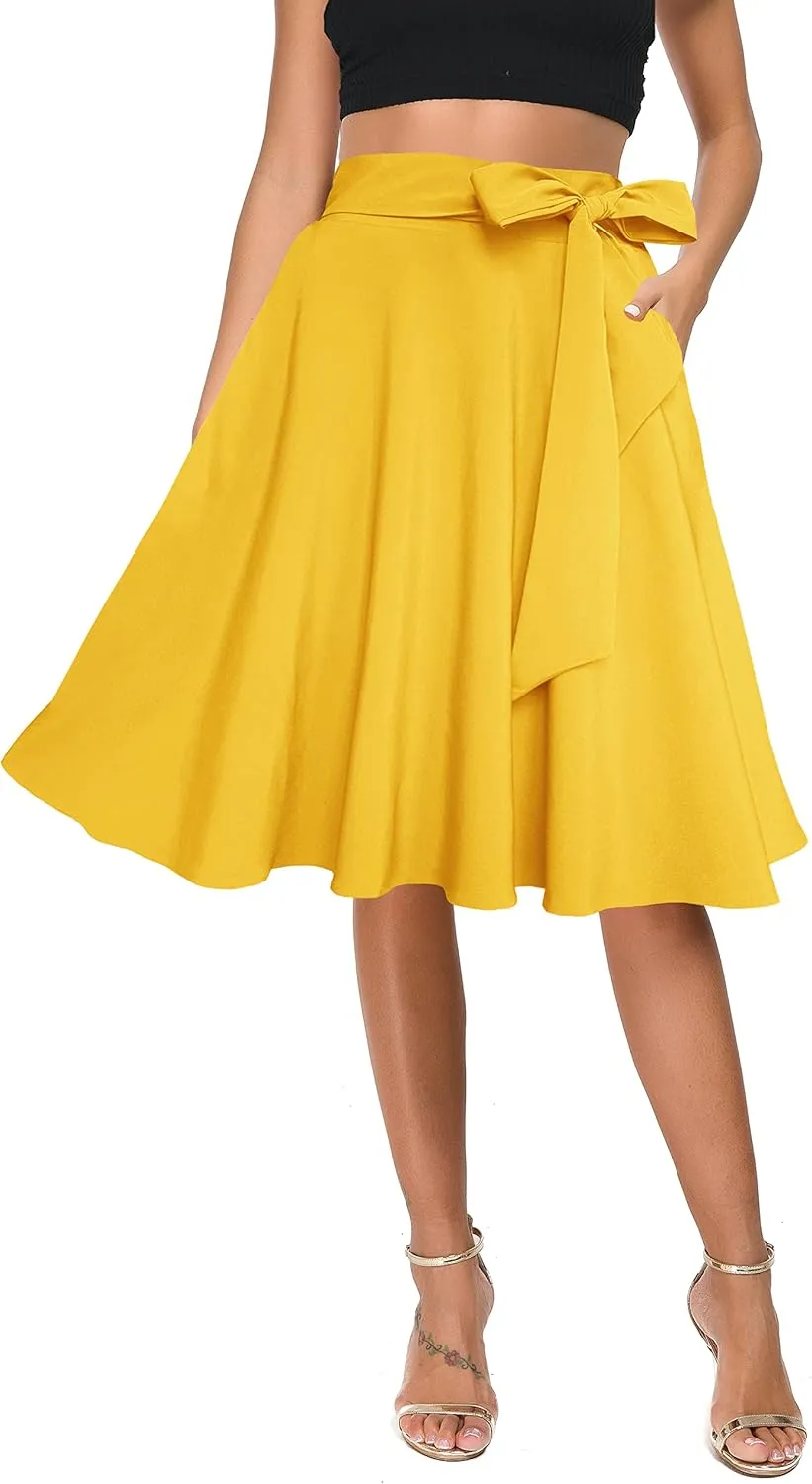 Afibi Womens Vintage High Waist A-Line Skater Skirt Flared Midi Skirt with Pockets