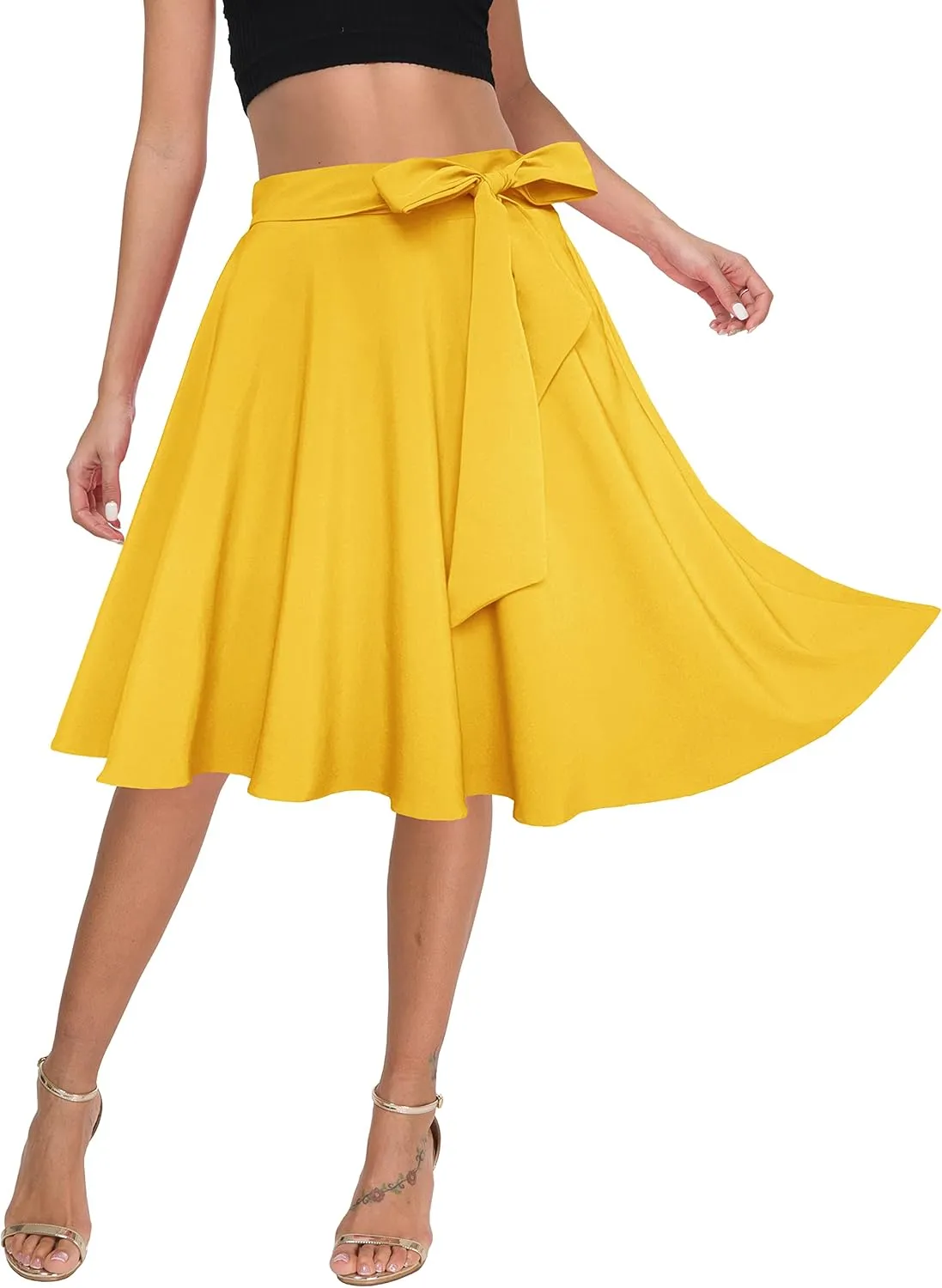 Afibi Womens Vintage High Waist A-Line Skater Skirt Flared Midi Skirt with Pockets