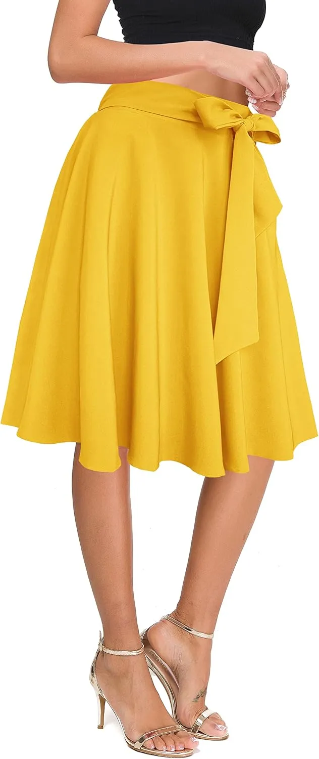 Afibi Womens Vintage High Waist A-Line Skater Skirt Flared Midi Skirt with Pockets