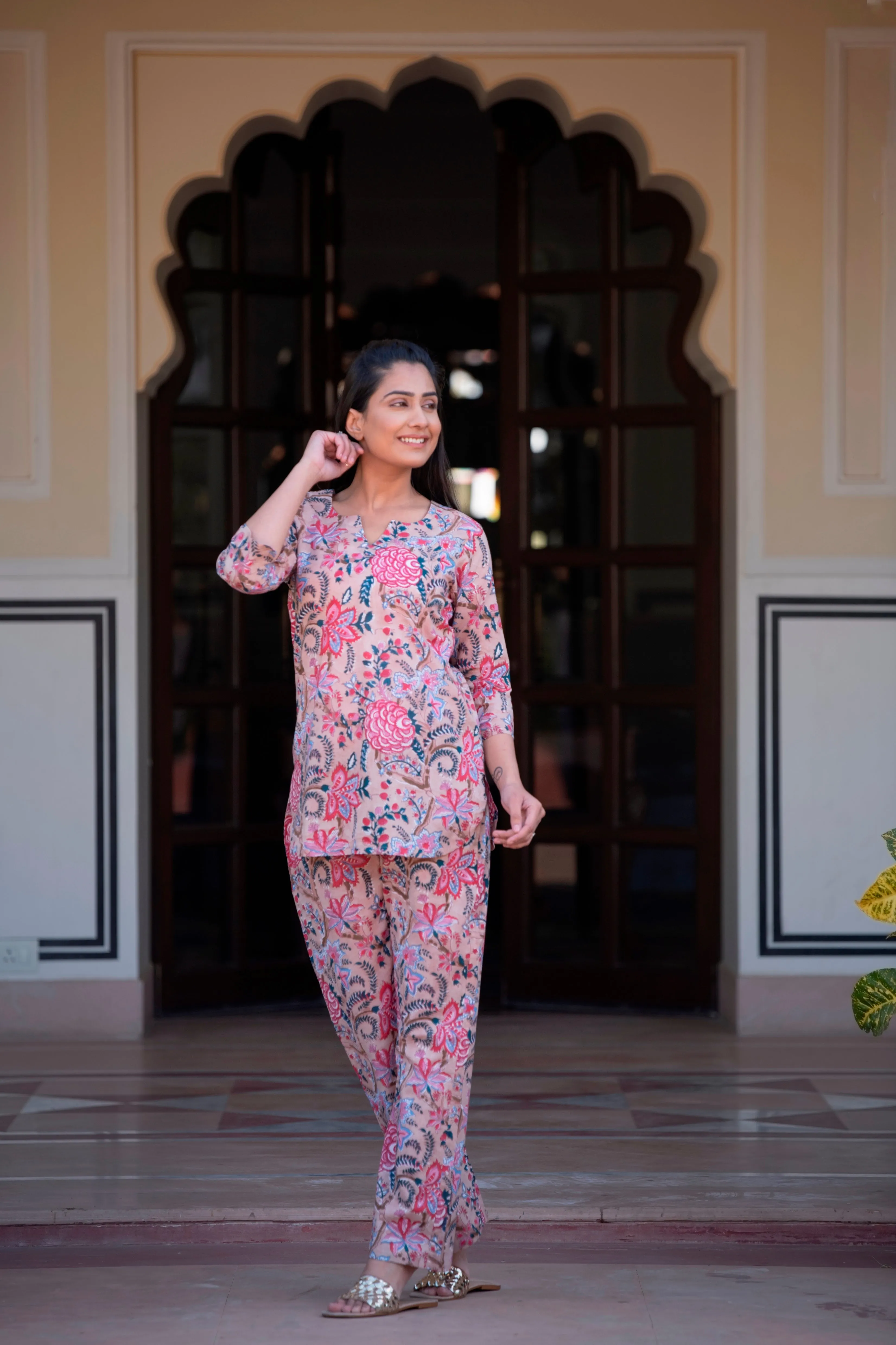 An Eloquent Beige Handblock Cotton Night Suit