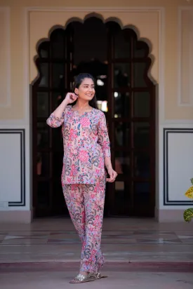 An Eloquent Beige Handblock Cotton Night Suit