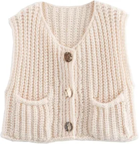 Arssm Women Button Down Chunky Sweater Vest Sleeveless Crop Knit Cardigan Cropped Knitted Sweater Vest(Beige-S)