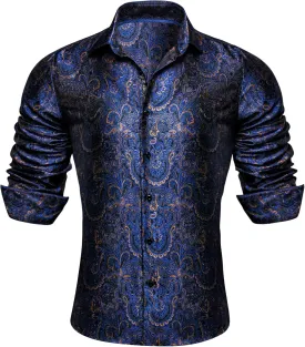 Barry.Wang Mens Western Shirts Silk Paisley Long Sleeve Button Down Dress Shirt Designer Mexico Cowboy Shirt Party Casual