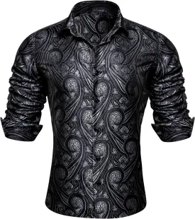 Barry.Wang Mens Western Shirts Silk Paisley Long Sleeve Button Down Dress Shirt Designer Mexico Cowboy Shirt Party Casual