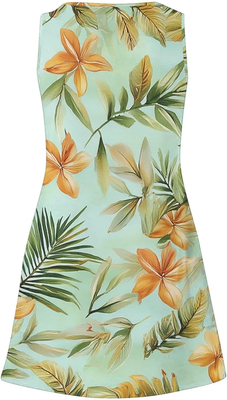 Beach Dresses Womens 2025 Vacation Sundress Summer Casual Boho Print Dress Sleeveless Crewneck Loose Short Tank Dress