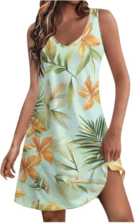 Beach Dresses Womens 2025 Vacation Sundress Summer Casual Boho Print Dress Sleeveless Crewneck Loose Short Tank Dress
