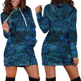 Blue Mandala Hoodie Dress | Longline Hoodie Sweatshirt L
