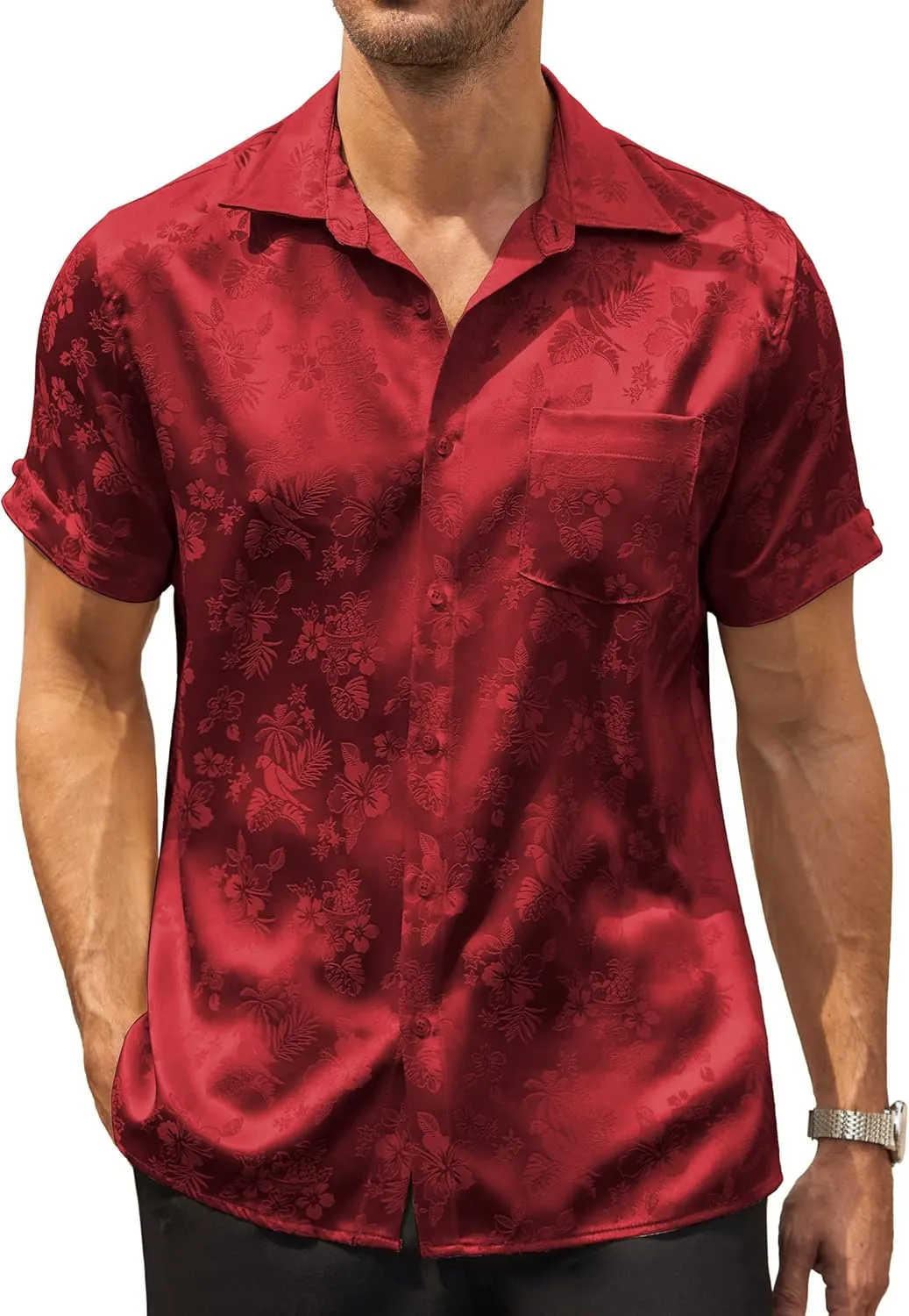 COOFANDY Mens Silk Button Down Short Sleeve Shirt Satin Dress Shirts Summer Beach Wedding Shirt