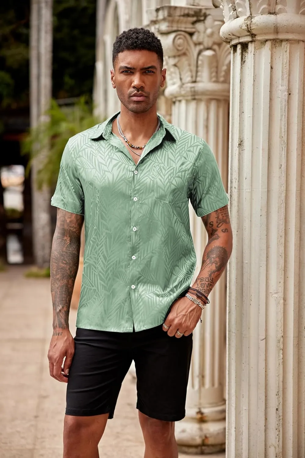COOFANDY Mens Silk Button Down Short Sleeve Shirt Satin Dress Shirts Summer Beach Wedding Shirt