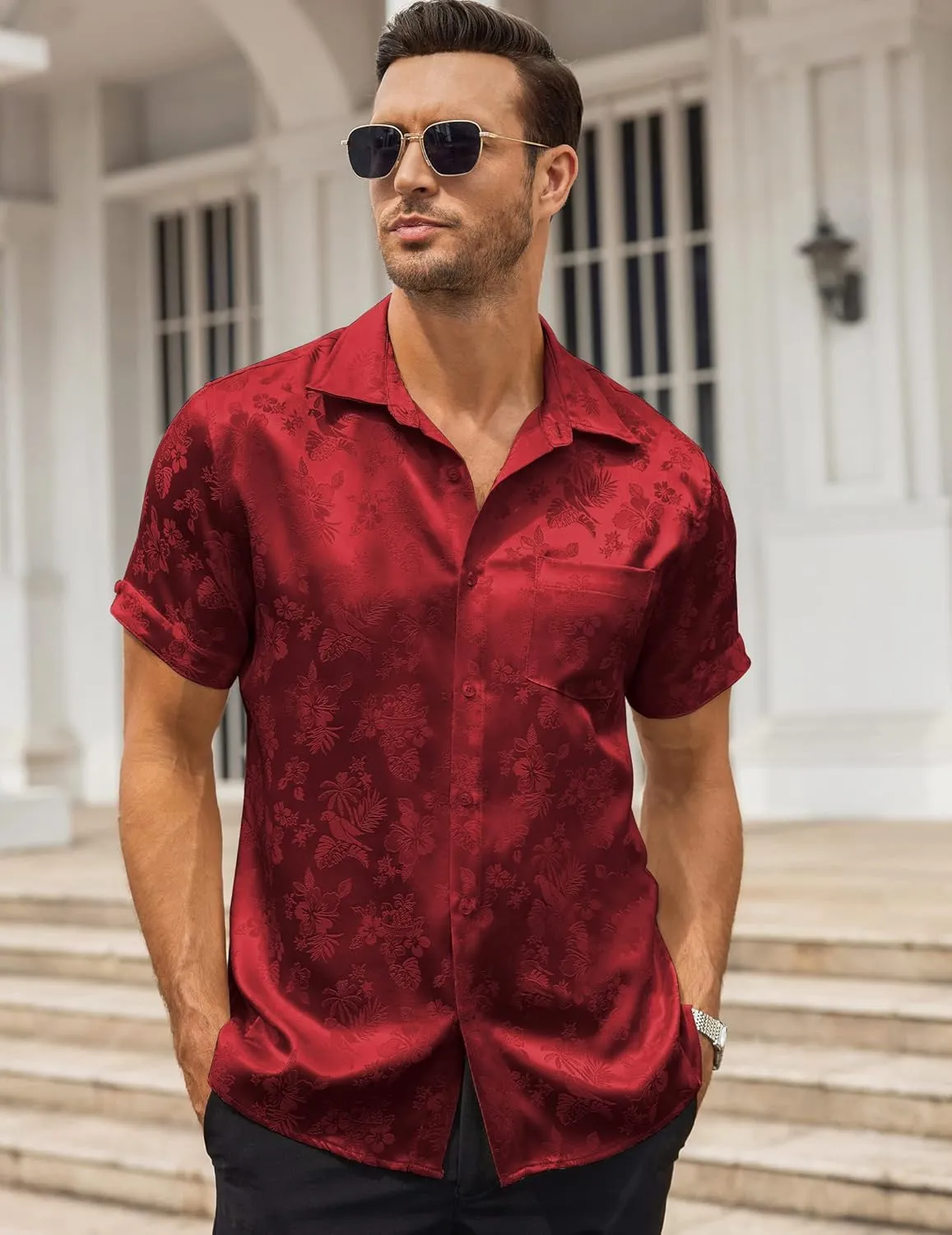 COOFANDY Mens Silk Button Down Short Sleeve Shirt Satin Dress Shirts Summer Beach Wedding Shirt