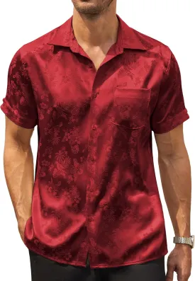 COOFANDY Mens Silk Button Down Short Sleeve Shirt Satin Dress Shirts Summer Beach Wedding Shirt