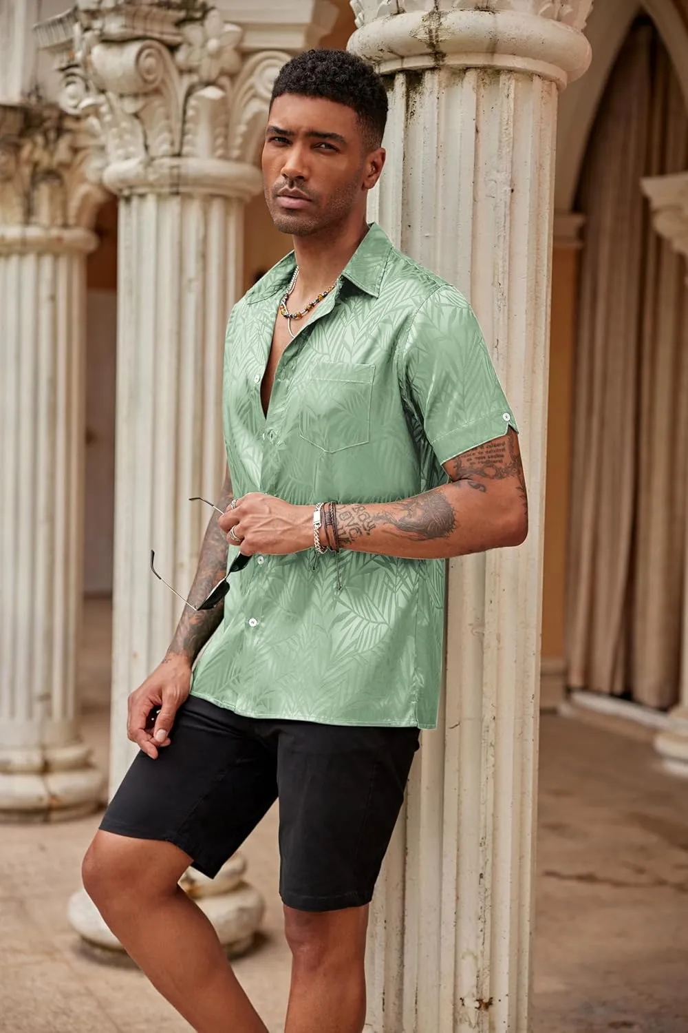 COOFANDY Mens Silk Button Down Short Sleeve Shirt Satin Dress Shirts Summer Beach Wedding Shirt