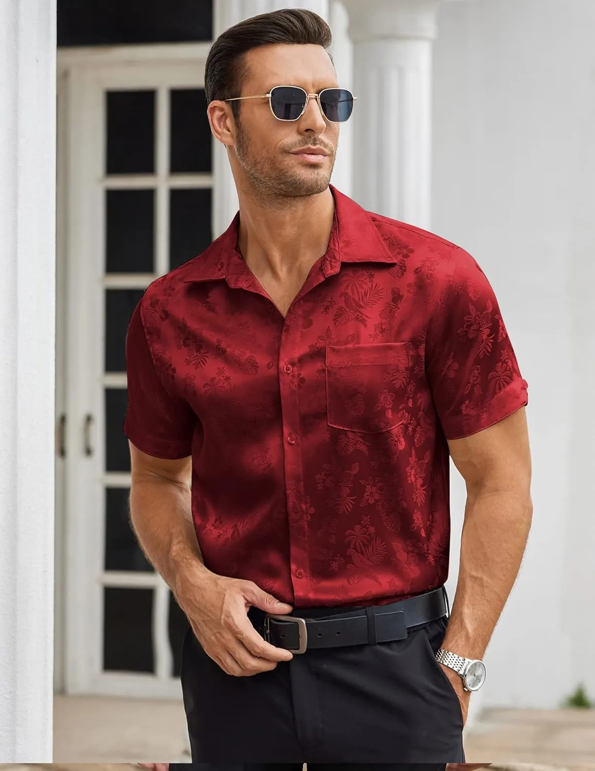 COOFANDY Mens Silk Button Down Short Sleeve Shirt Satin Dress Shirts Summer Beach Wedding Shirt