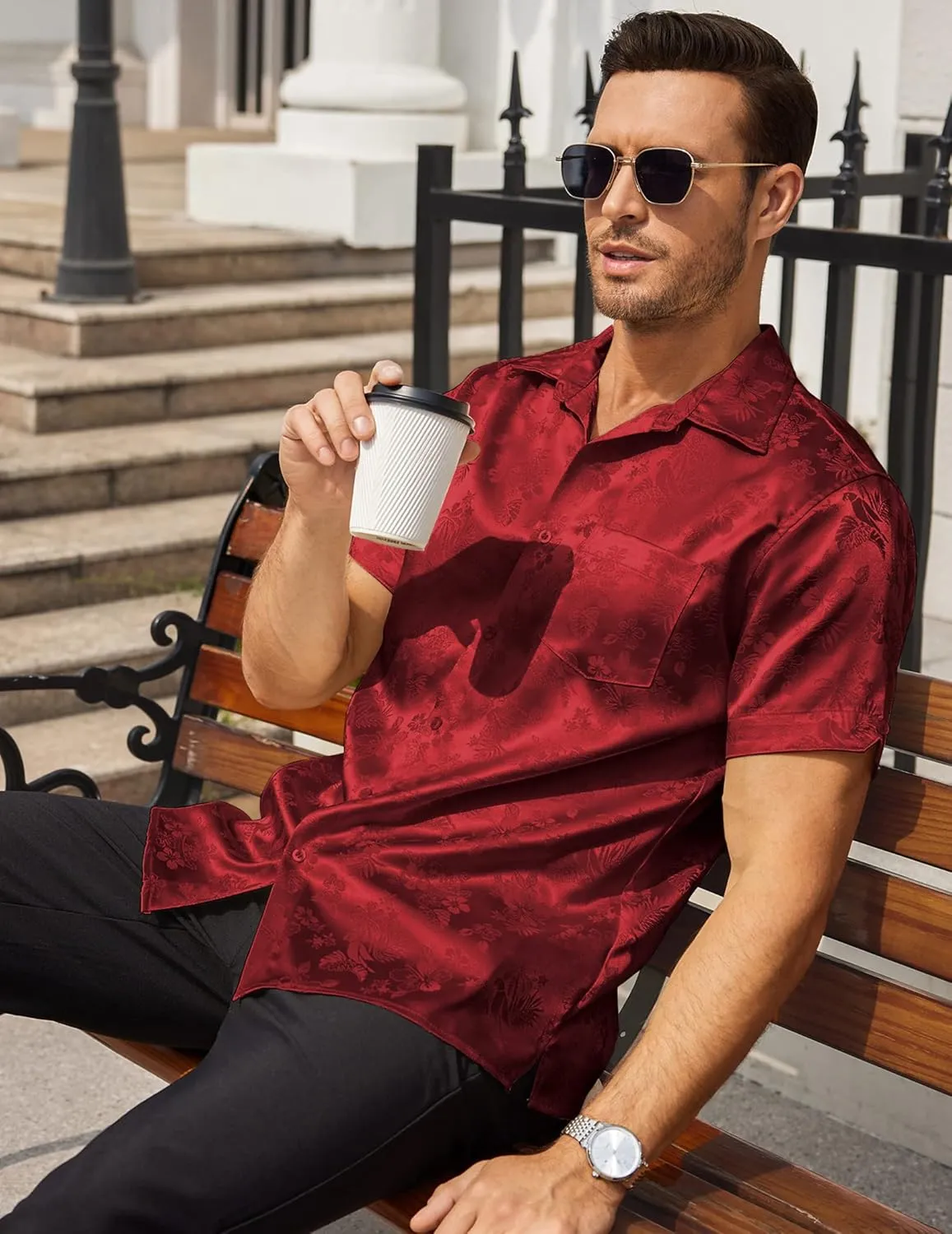 COOFANDY Mens Silk Button Down Short Sleeve Shirt Satin Dress Shirts Summer Beach Wedding Shirt