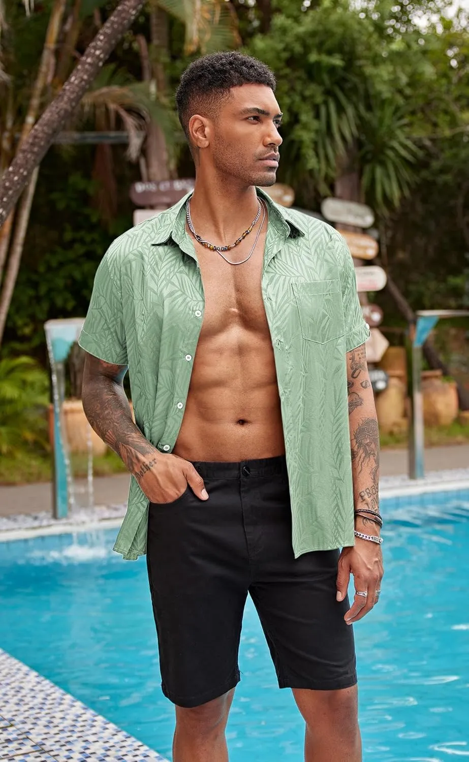 COOFANDY Mens Silk Button Down Short Sleeve Shirt Satin Dress Shirts Summer Beach Wedding Shirt