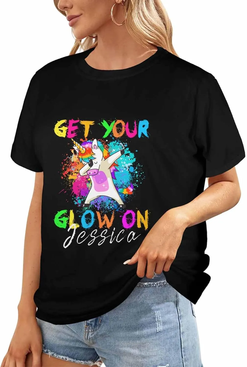 Custom Personalized Name Party Tee, Women's Glow in The Dark T-Shirt, Glow Birthday T-Shirt for Girl Mom Girlfriend Wife