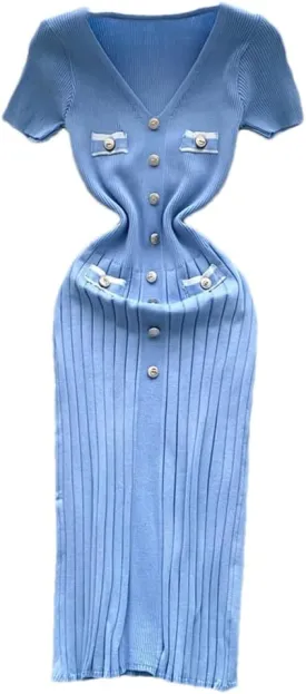 Dndrdhfb Women's Knitted Hip-Wrapped Dress V-Neck Short Sleeve Pleated Sweater Dress Office Bodycon Dress