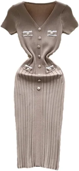 Dndrdhfb Women's Knitted Hip-Wrapped Dress V-Neck Short Sleeve Pleated Sweater Dress Office Bodycon Dress