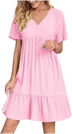 Dresses Women Summer 2025 Vacation Short Sleeve Mini Tshirt Dress Beach Smocked A Line Flutter Boho Sundress Outfit