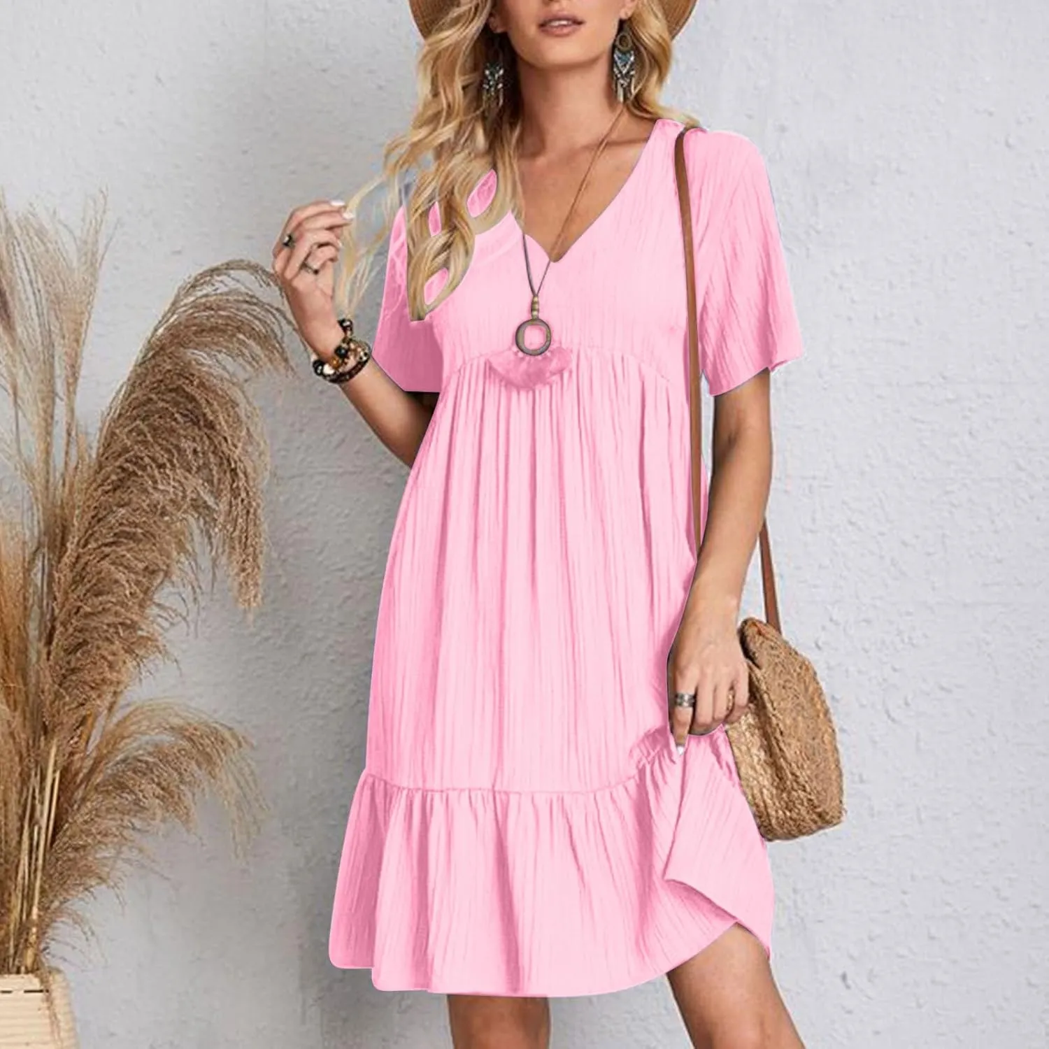 Dresses Women Summer 2025 Vacation Short Sleeve Mini Tshirt Dress Beach Smocked A Line Flutter Boho Sundress Outfit