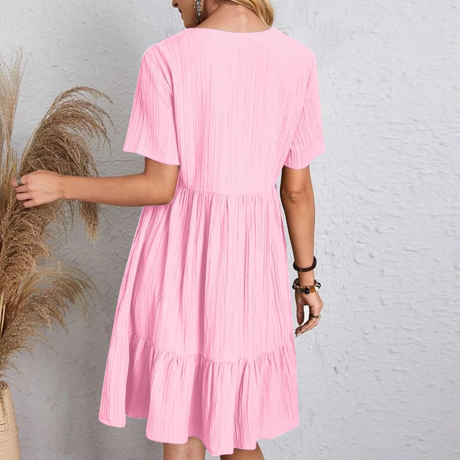 Dresses Women Summer 2025 Vacation Short Sleeve Mini Tshirt Dress Beach Smocked A Line Flutter Boho Sundress Outfit
