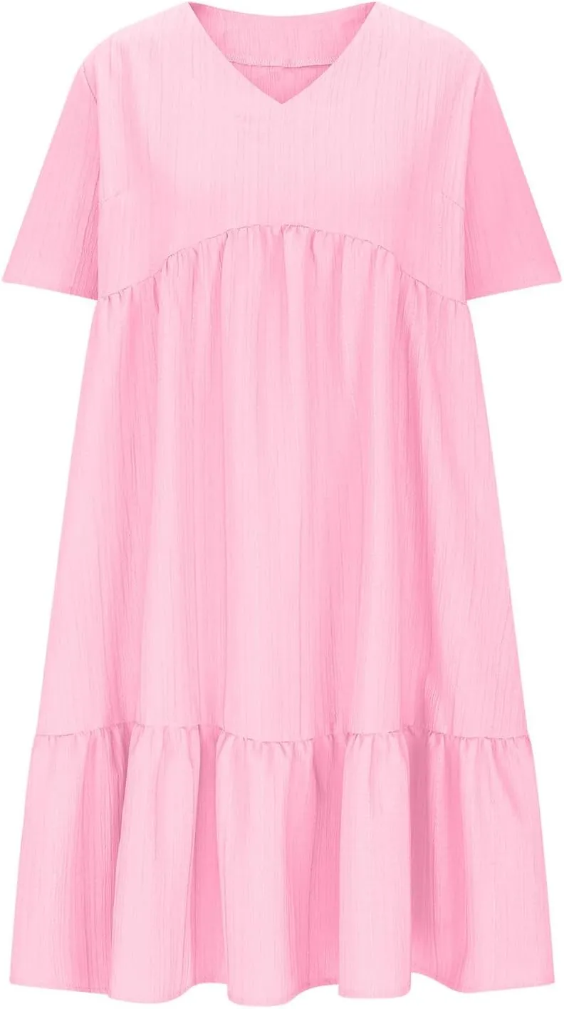 Dresses Women Summer 2025 Vacation Short Sleeve Mini Tshirt Dress Beach Smocked A Line Flutter Boho Sundress Outfit