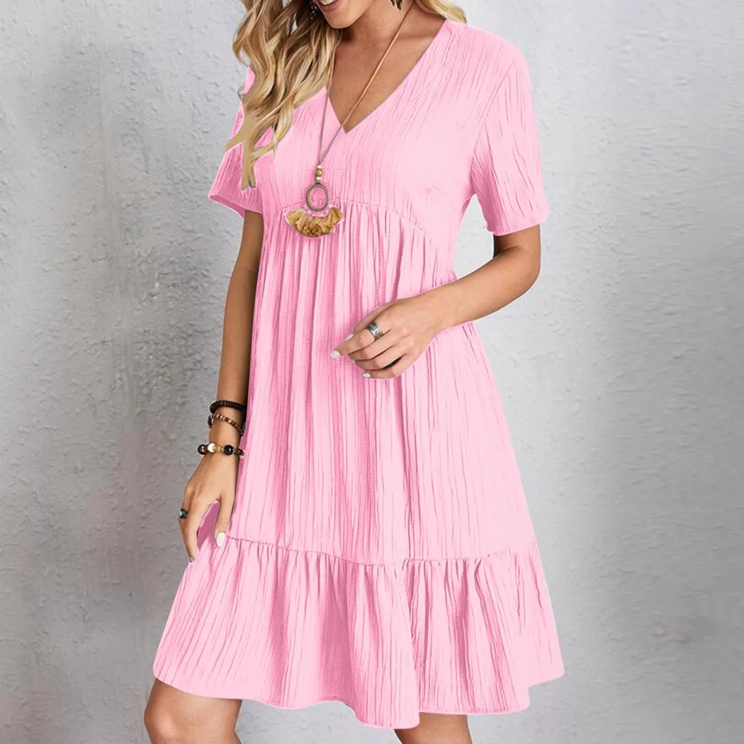Dresses Women Summer 2025 Vacation Short Sleeve Mini Tshirt Dress Beach Smocked A Line Flutter Boho Sundress Outfit
