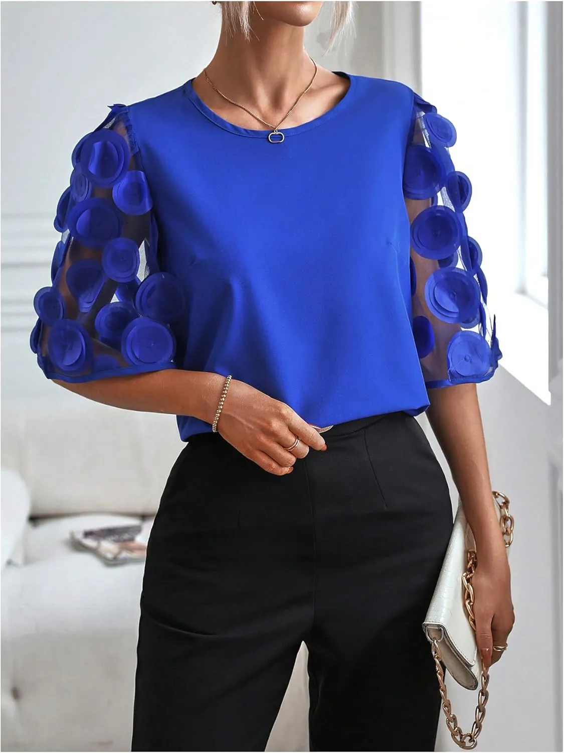 Floerns Women's Round Neck Half Sleeve Contrast Mesh Appliques Puff Sleeve Blouse Top