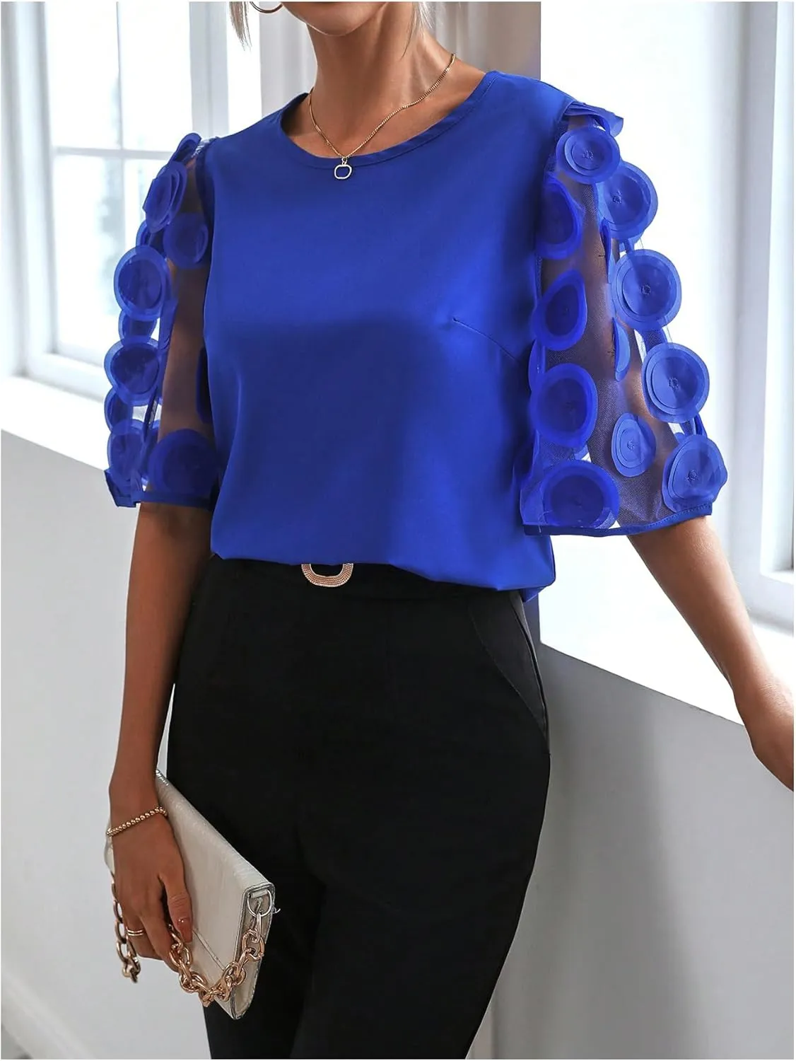 Floerns Women's Round Neck Half Sleeve Contrast Mesh Appliques Puff Sleeve Blouse Top