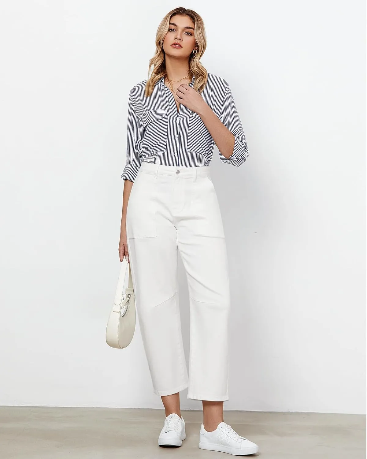 GRAPENT Barrel Jeans for Women High Waisted Trendy Wide Leg Baggy Ankle Length Stretchy Denim Trouser Jeans with Pockets
