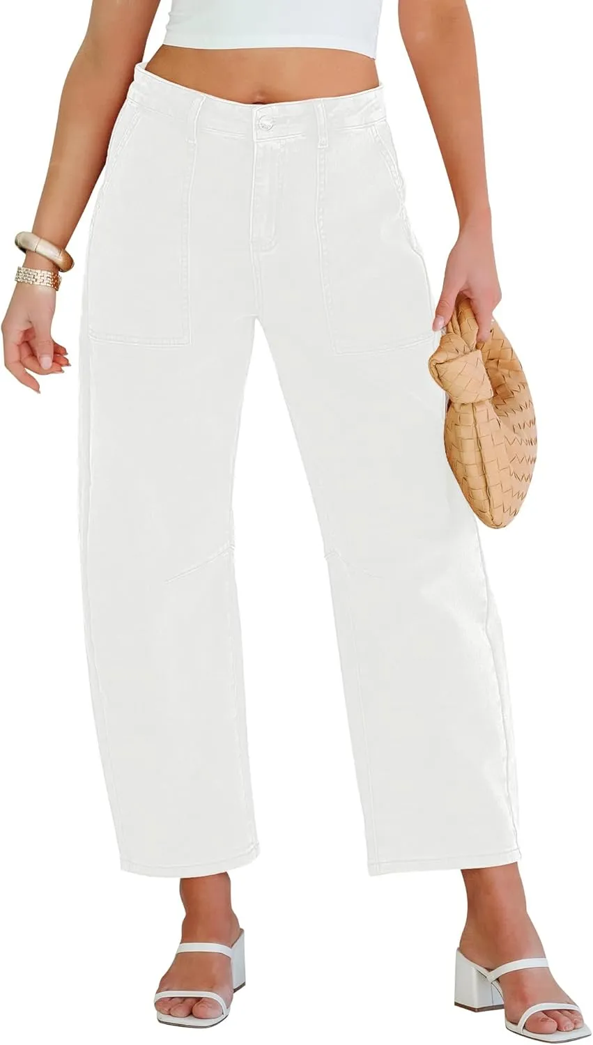 GRAPENT Barrel Jeans for Women High Waisted Trendy Wide Leg Baggy Ankle Length Stretchy Denim Trouser Jeans with Pockets