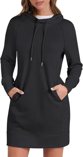 Hoodie Dress for Women Athleisure Drawstring Hooded Sweatshirt Dress Casual Long Sleeve Tunic Dress with Pockets