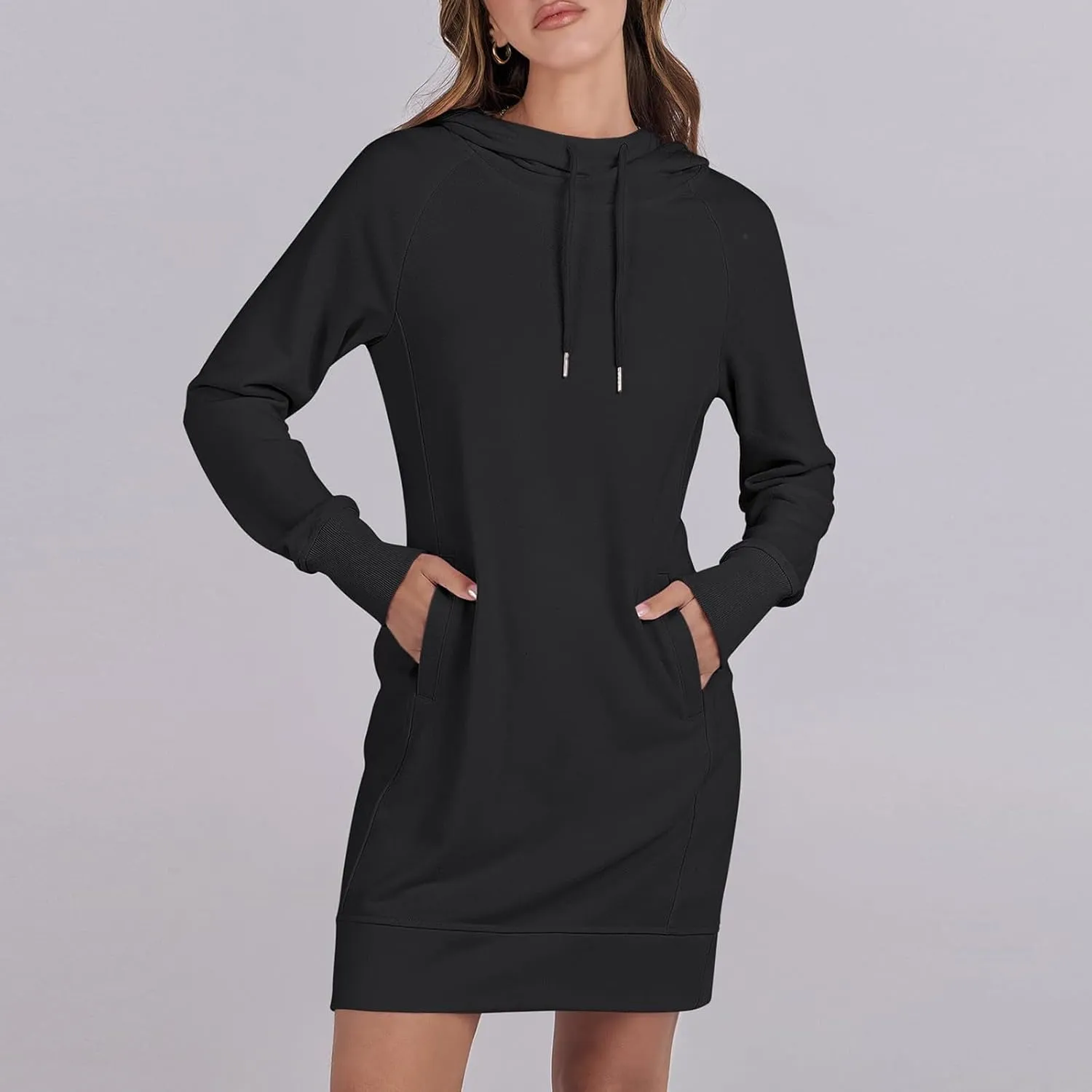 Hoodie Dress for Women Athleisure Drawstring Hooded Sweatshirt Dress Casual Long Sleeve Tunic Dress with Pockets