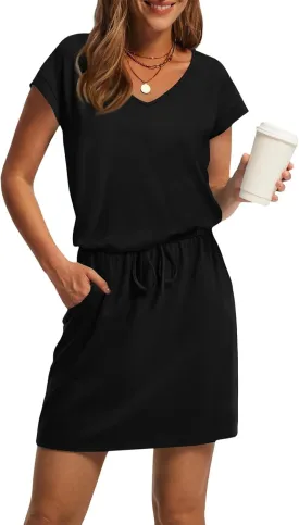 HXHYQKP Casual Summer Dresses for Women Short Sleeve V Neck T Shirt Mini Dress Tie Waist Sundresses with Pockets