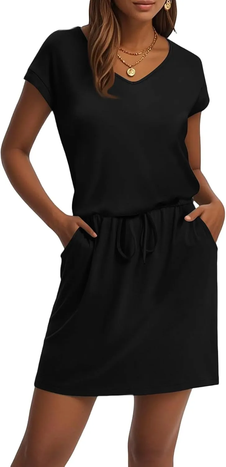 HXHYQKP Casual Summer Dresses for Women Short Sleeve V Neck T Shirt Mini Dress Tie Waist Sundresses with Pockets