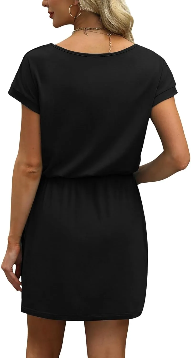 HXHYQKP Casual Summer Dresses for Women Short Sleeve V Neck T Shirt Mini Dress Tie Waist Sundresses with Pockets