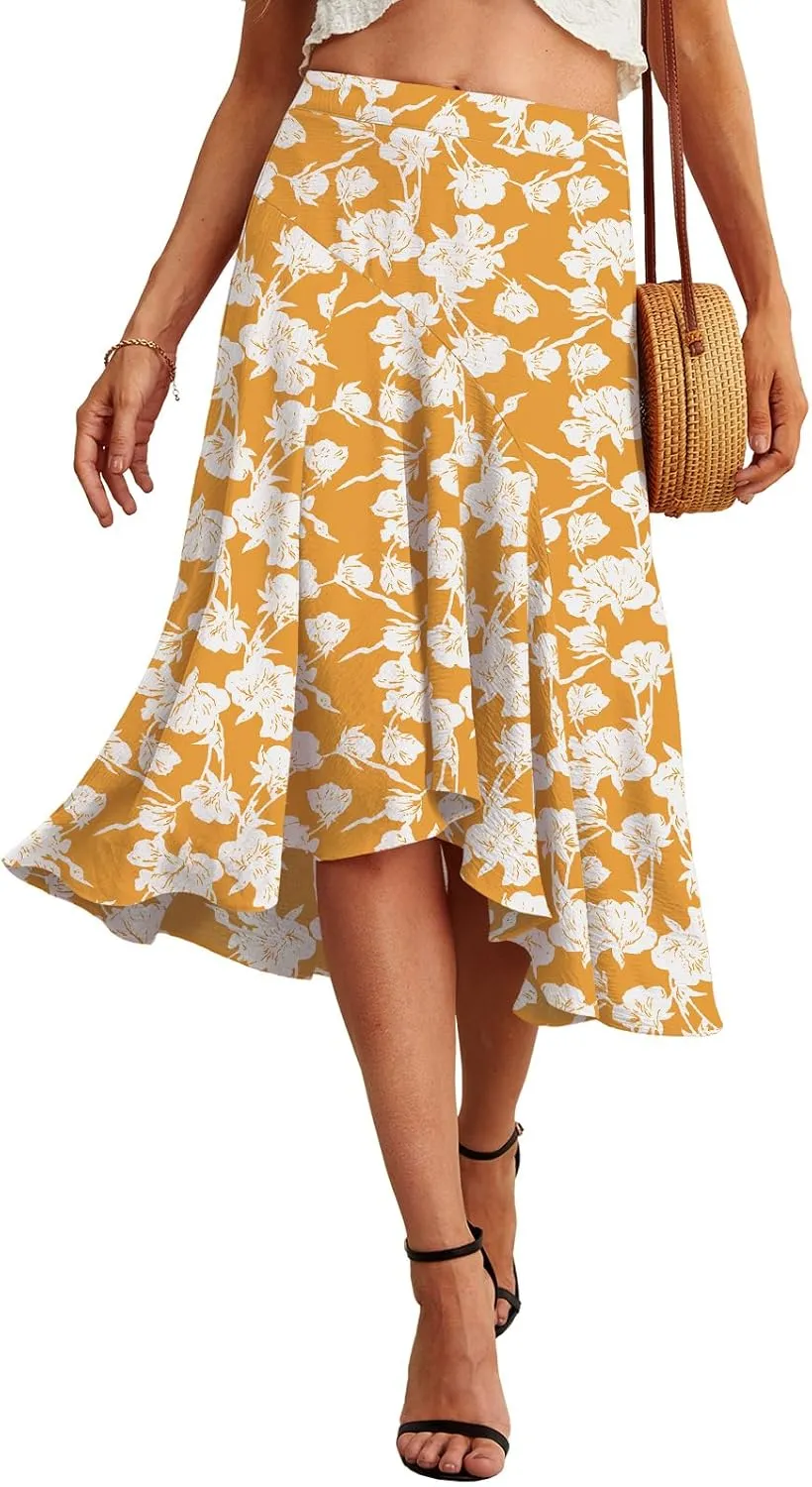 JINKESI Women's Midi Skirt Elegant Flowy Ruffle High Waist Summer Casual High Low Midi Skirts