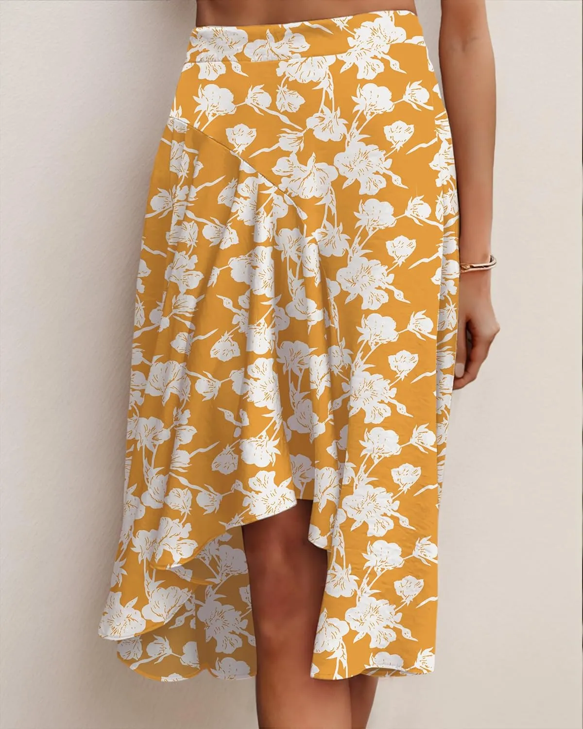 JINKESI Women's Midi Skirt Elegant Flowy Ruffle High Waist Summer Casual High Low Midi Skirts