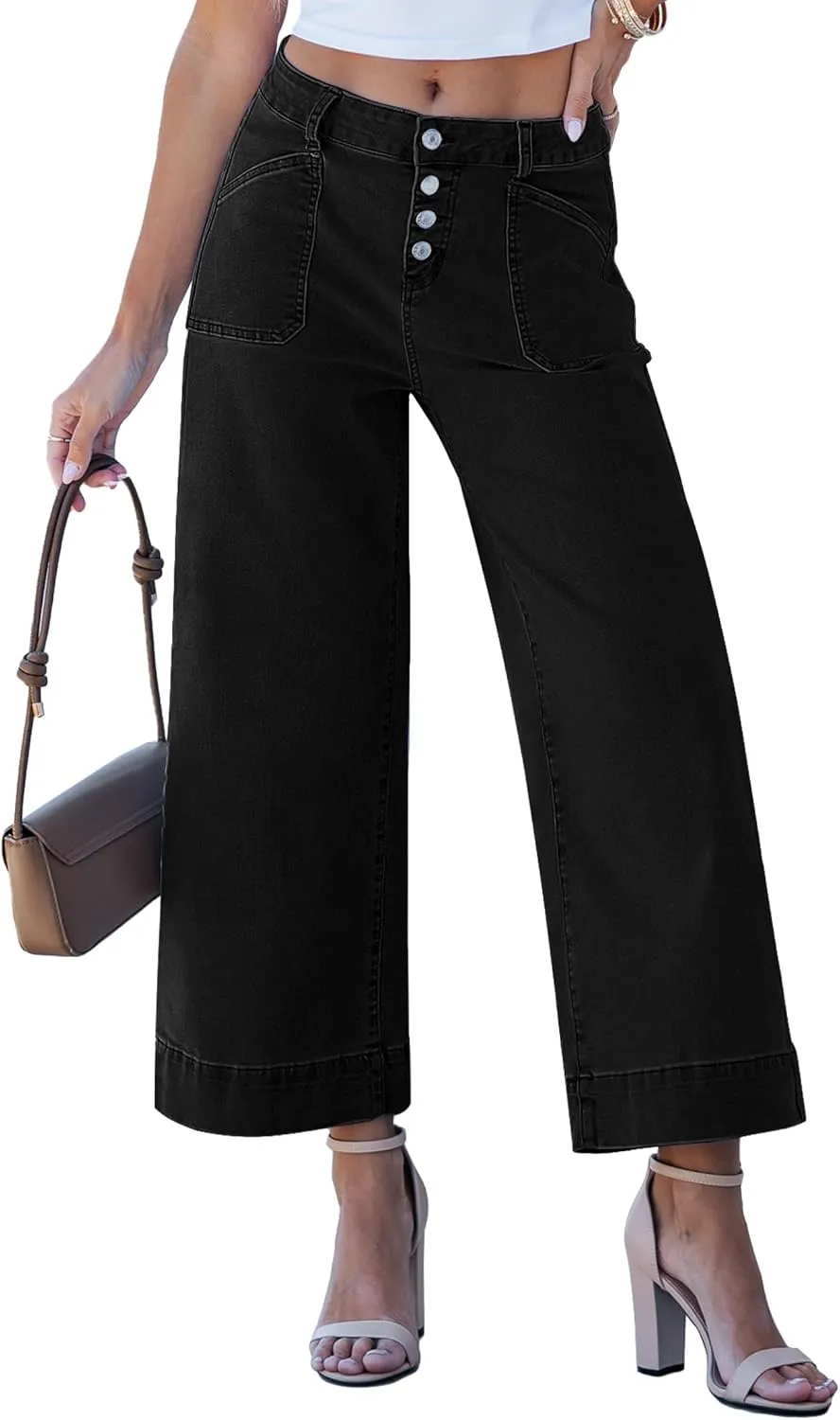 luvamia Wide Leg Jeans for Women Cropped High Waisted Trendy Button Fly Patch Pocket Stretchy Denim Pants Trousers Jeans