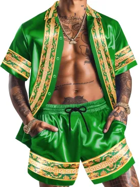 Men Hawaiian Shirt Sets Satin Silk Casual Button Down Shirts 2 Piece Luxury Summer Beach Outfits