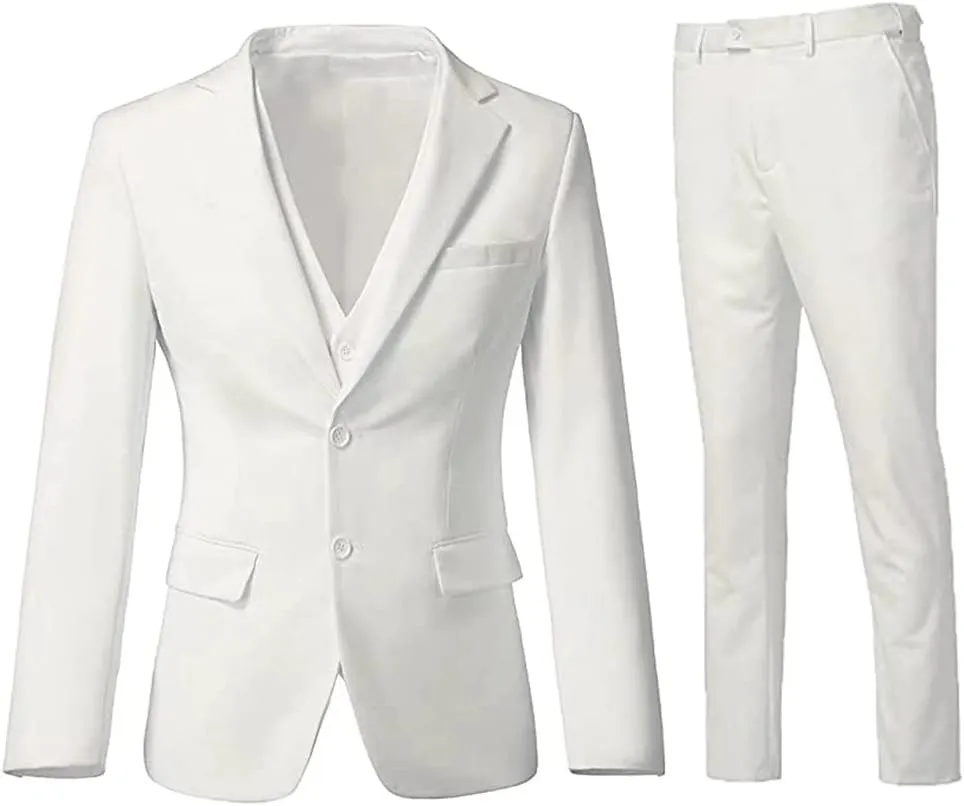 Men's 3 Piece Slim Fit Suit Set, Two Button Blazer Solid Jacket Vest Pants Wedding Business Suit