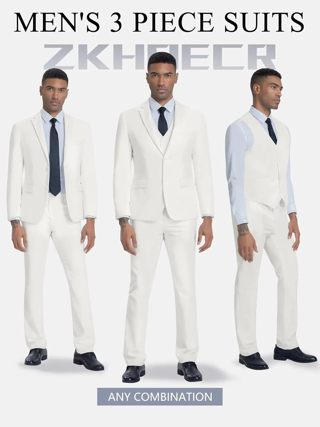 Men's 3 Piece Slim Fit Suit Set, Two Button Blazer Solid Jacket Vest Pants Wedding Business Suit