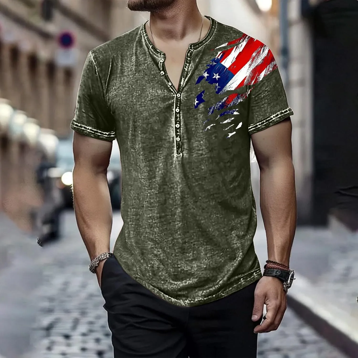 Mens Cotton Henley Shirts Short Sleeve Casual Muscle Gym Slim Fit T-Shirts Summer Button Mens 4th of July Shirt