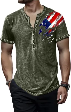 Mens Cotton Henley Shirts Short Sleeve Casual Muscle Gym Slim Fit T-Shirts Summer Button Mens 4th of July Shirt