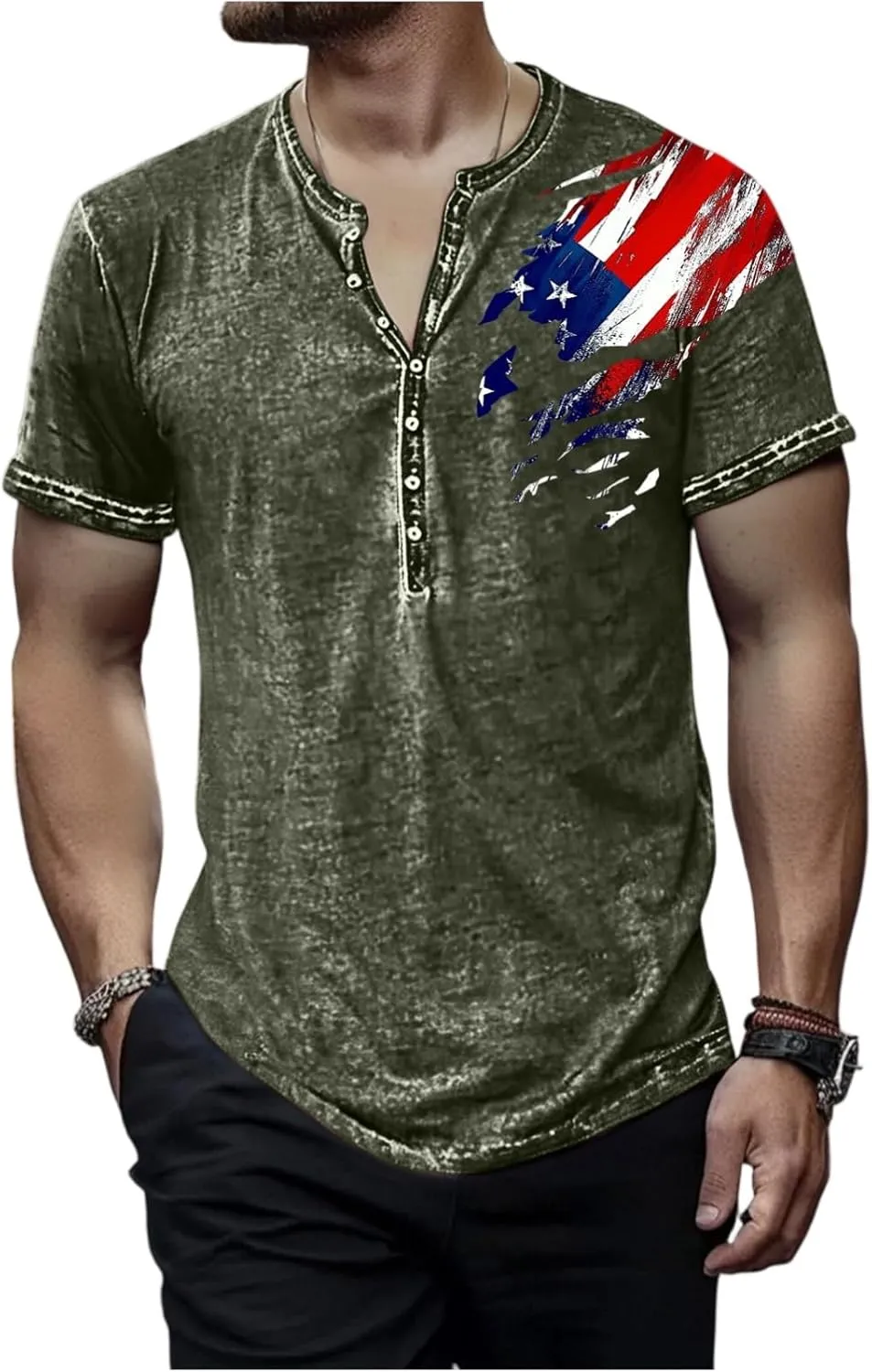 Mens Cotton Henley Shirts Short Sleeve Casual Muscle Gym Slim Fit T-Shirts Summer Button Mens 4th of July Shirt