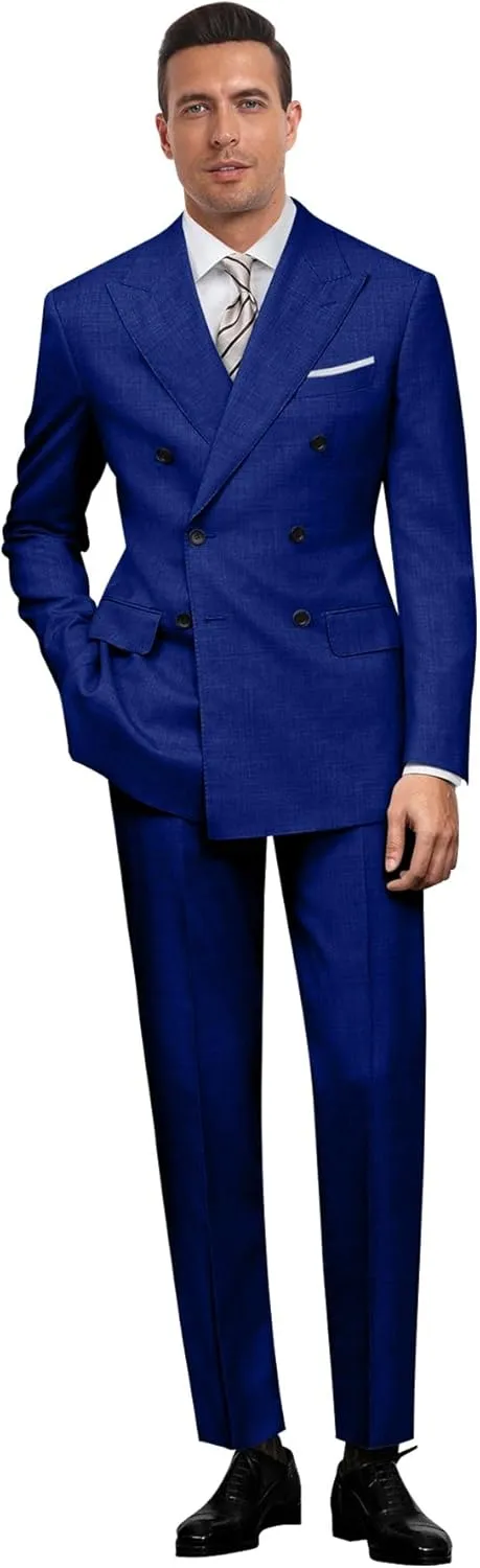 Mens Double Breasted Suit Slim Fit Solid Suit Jacket and Dress Pants 2 Piece Set Prom Wedding Suits for Men