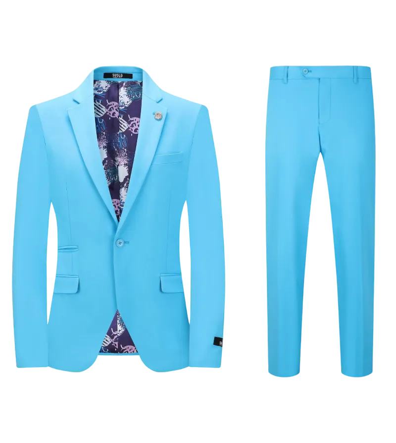 Men's turquoise slim fit satin cotton stretch fabric suit one button notch lapel flat front pants
