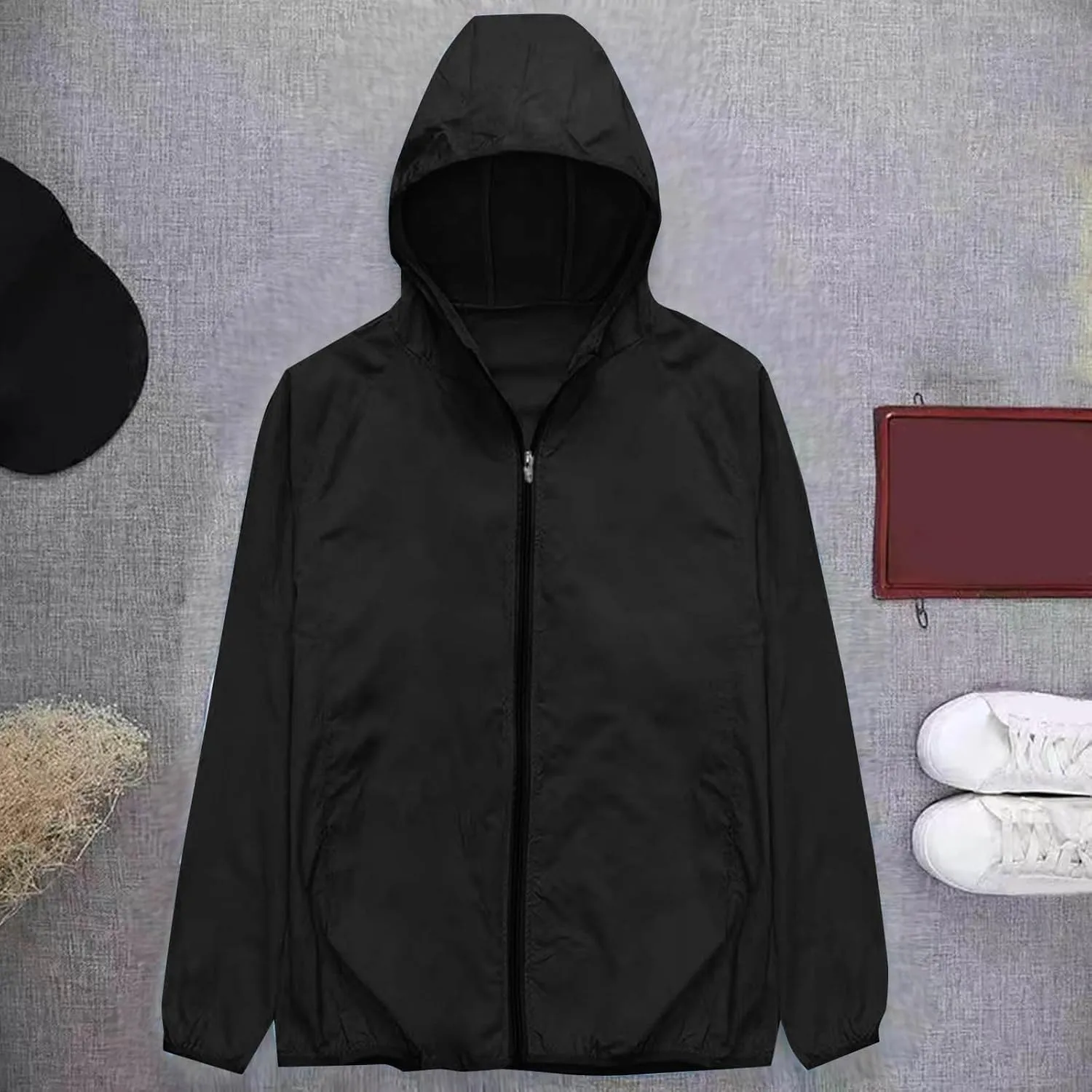 Men's Workout Light Jacket Full Zip Sun Protection Hoodie Long Sleeve Quick Dry Shirts for Men Hiking Fishing Pockets